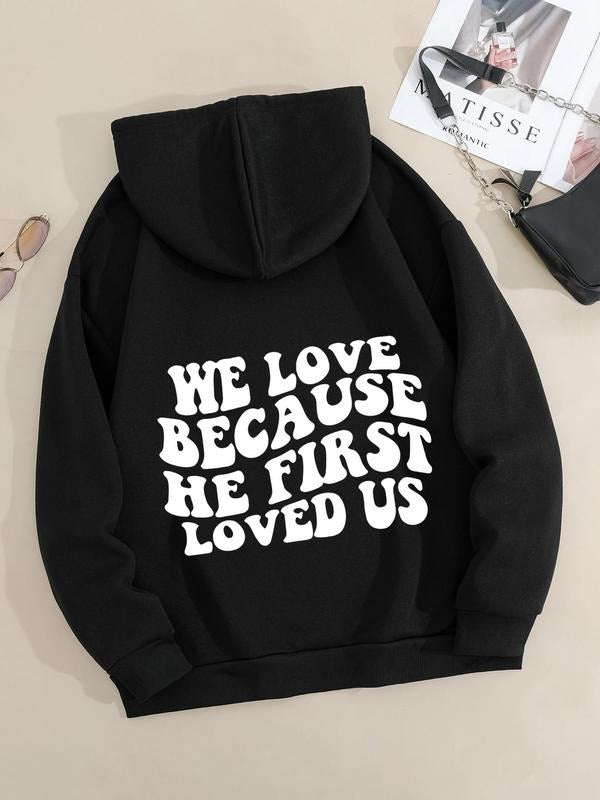 Plus Size Letter Print Drawstring Pocket Hoodie, Casual Drop Shoulder Long Sleeve Hooded Sweatshirt, Women's Fall &...