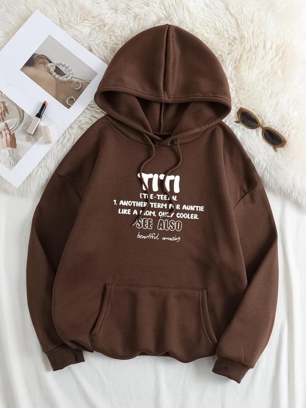 Plus Size Letter Print Drop Shoulder Drawstring Hoodie, Casual Kangaroo Pocket Long Sleeve Hooded Sweatshirt for Daily...