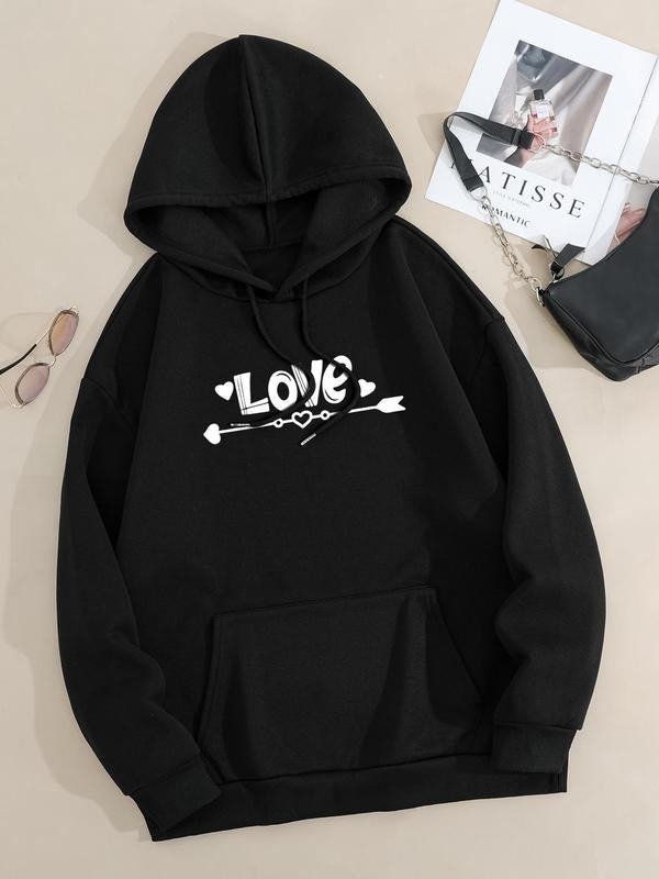Plus Size Letter Print Drop Shoulder Drawstring Hoodie, Fashion Casual Kangaroo Pocket Hooded Sweatshirt for Daily...