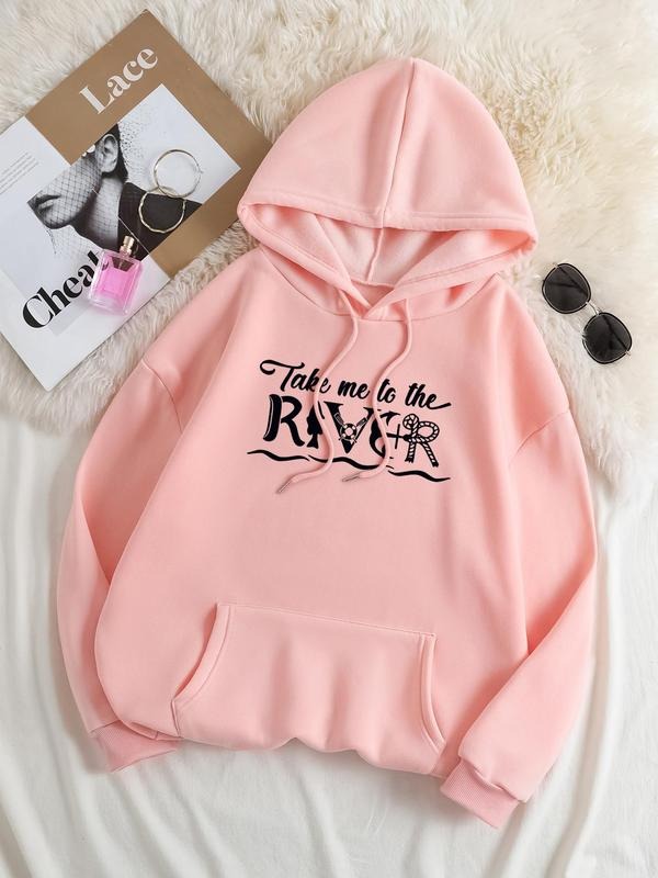 Plus Size Letter Print Drop Shoulder Drawstring Hoodie, Fashion Casual Kangaroo Pocket Hooded Sweatshirt for Daily...