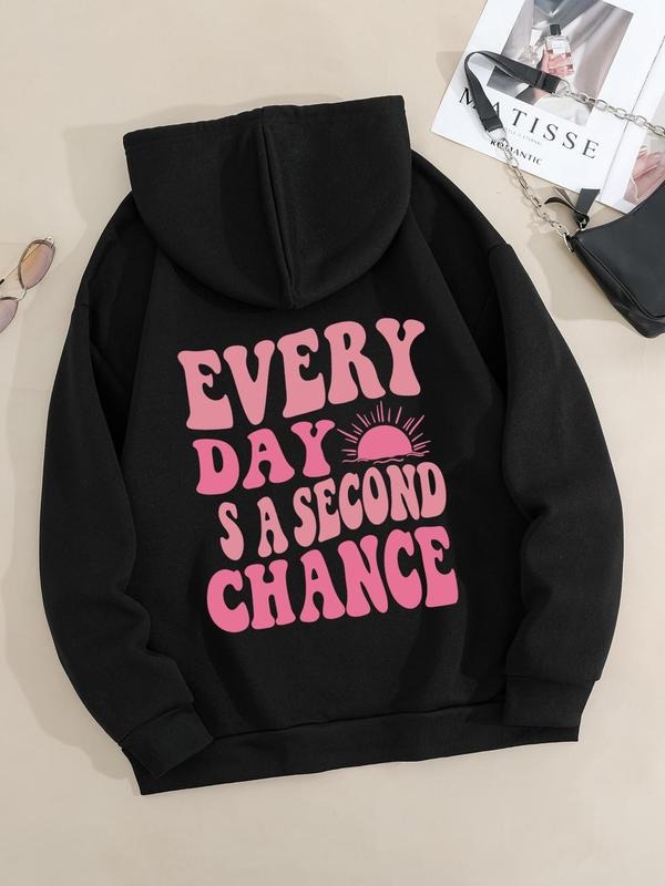 Plus Size Letter Print Drop Shoulder Drawstring Hoodie, Fashion Casual Kangaroo Pocket Hooded Sweatshirt for Daily...