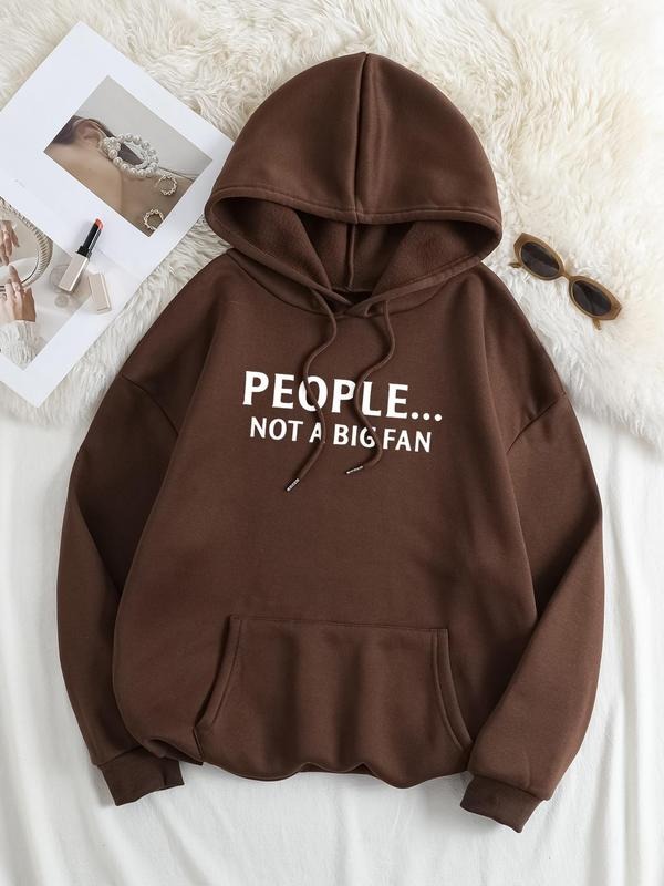 Plus Size Letter Print Drop Shoulder Drawstring Hoodie, Fashion Casual Kangaroo Pocket Hooded Sweatshirt for Daily...