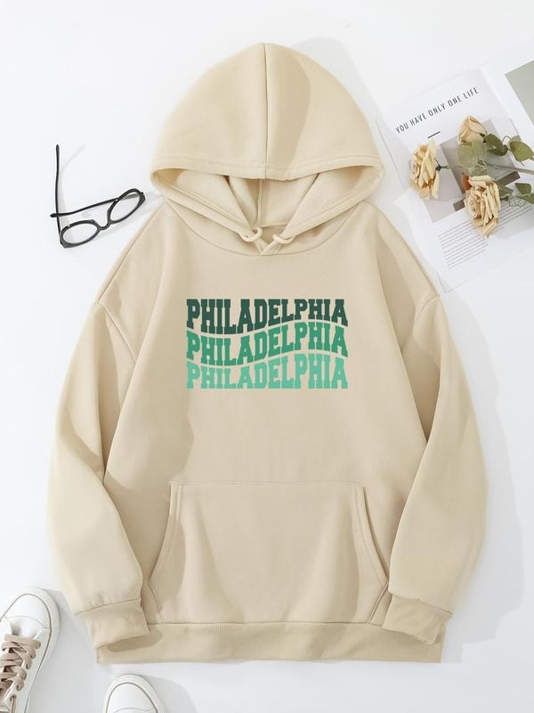 Plus Size Letter Print Drop Shoulder Drawstring Hoodie, Fashion Casual Pocket Hooded Sweatshirt for Daily Holiday Outdoor...