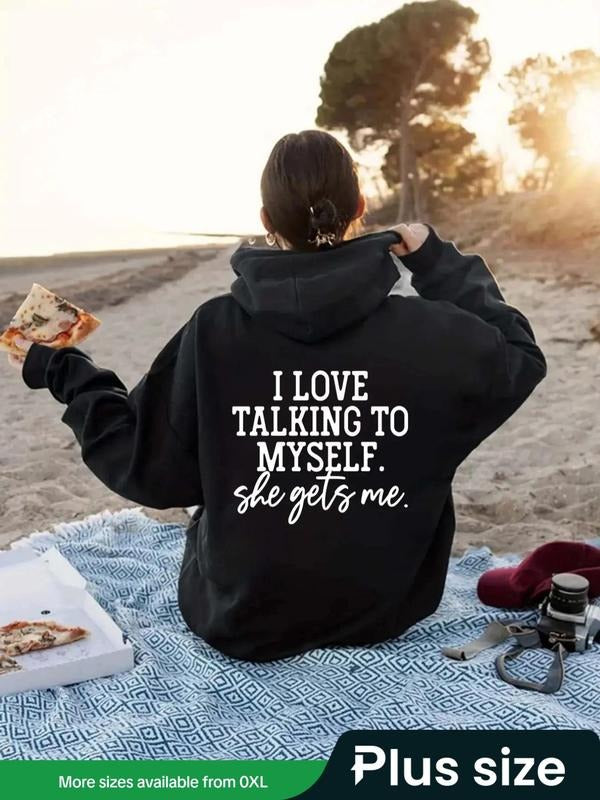 Plus Size Letter Print Drop Shoulder Drawstring Hoodie, Fashion Casual Pocket Hooded Sweatshirt for Daily Outdoor Wear,...