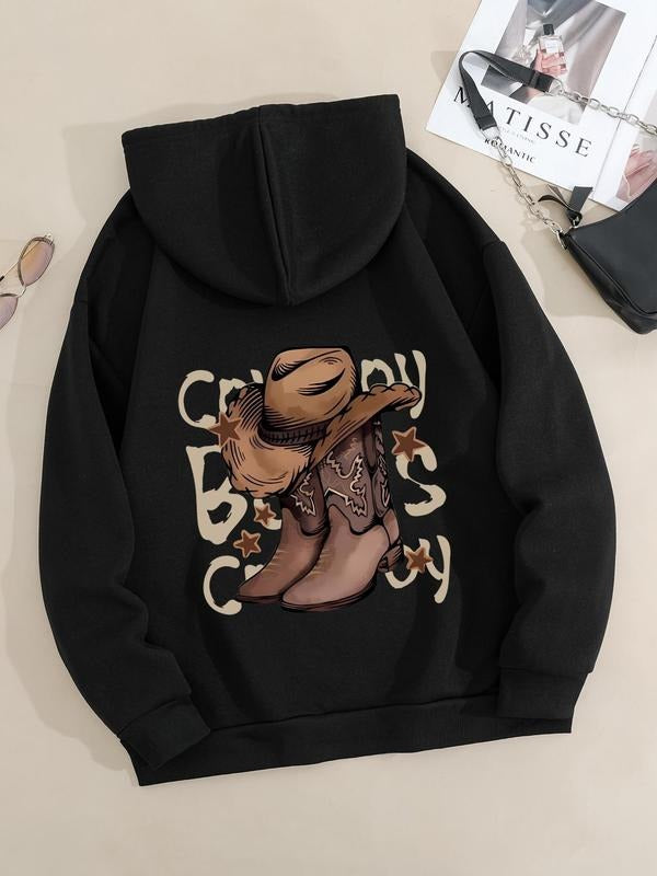 Plus Size Letter Print Drop Shoulder Graphic Hoodie, Fashion Casual Drawstring Pocket Hooded Sweatshirt for Daily Holiday...