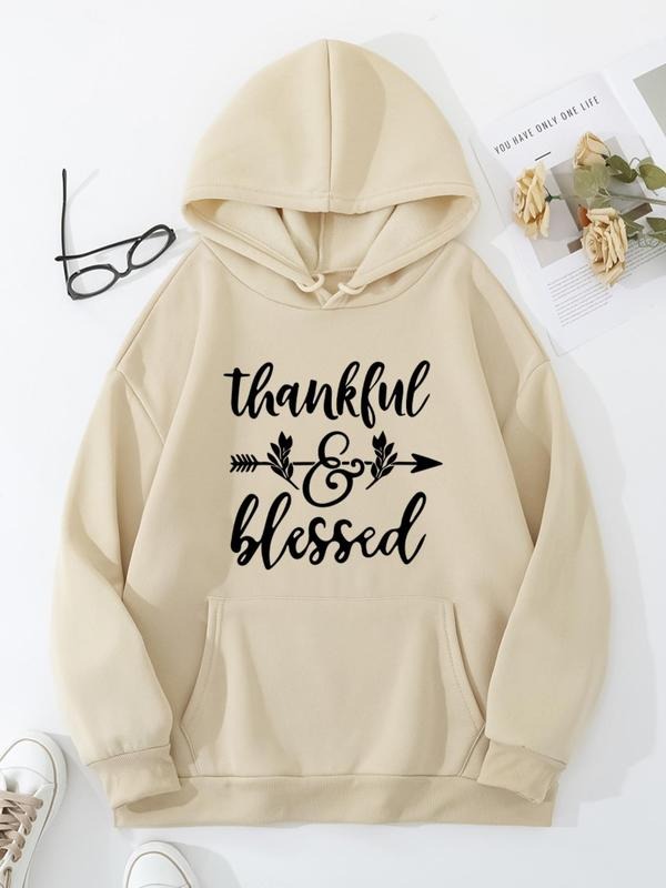 Plus Size Letter Print Drop Shoulder Hoodie, Casual Long Sleeve Drawstring Pocket Hooded Sweatshirt, Women Plus Clothing...