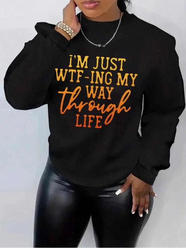 Plus Size Letter Print Drop Shoulder Sweatshirt, Casual Long Sleeve Round Neck Pullover for Women, Women's Plus Clothing...