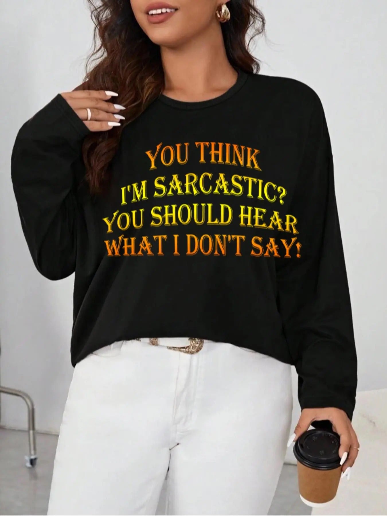 Plus Size Letter Print Drop Shoulder Tee, Casual Long Sleeve Round Neck T-shirt for Daily Wear, Women's Plus Clothing for...