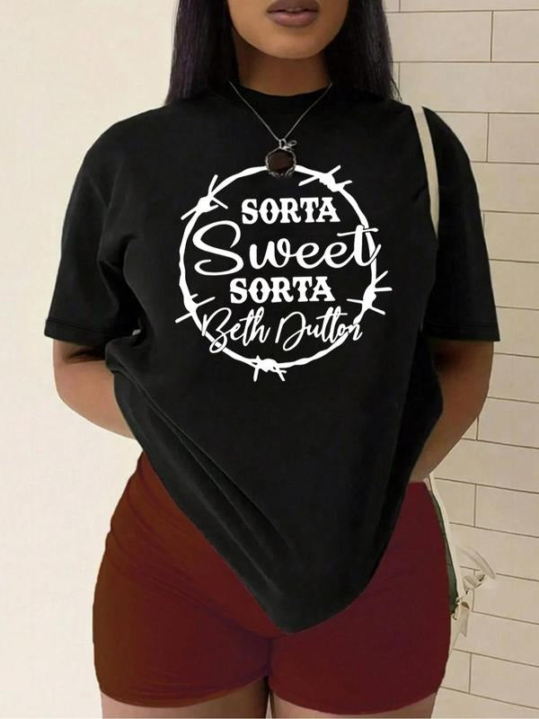 Plus Size Letter Print Drop Shoulder Tee, Fashion Casual Crew Neck T-shirt for Daily Holiday Vacation Outdoor Wear, Women...