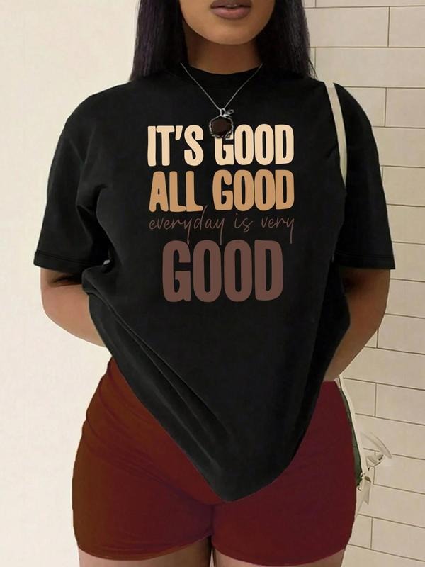 Plus Size Letter Print Drop Shoulder Tee, Fashion Casual Round Neck Half Sleeve T-shirt for Daily Outdoor Wear, Women...