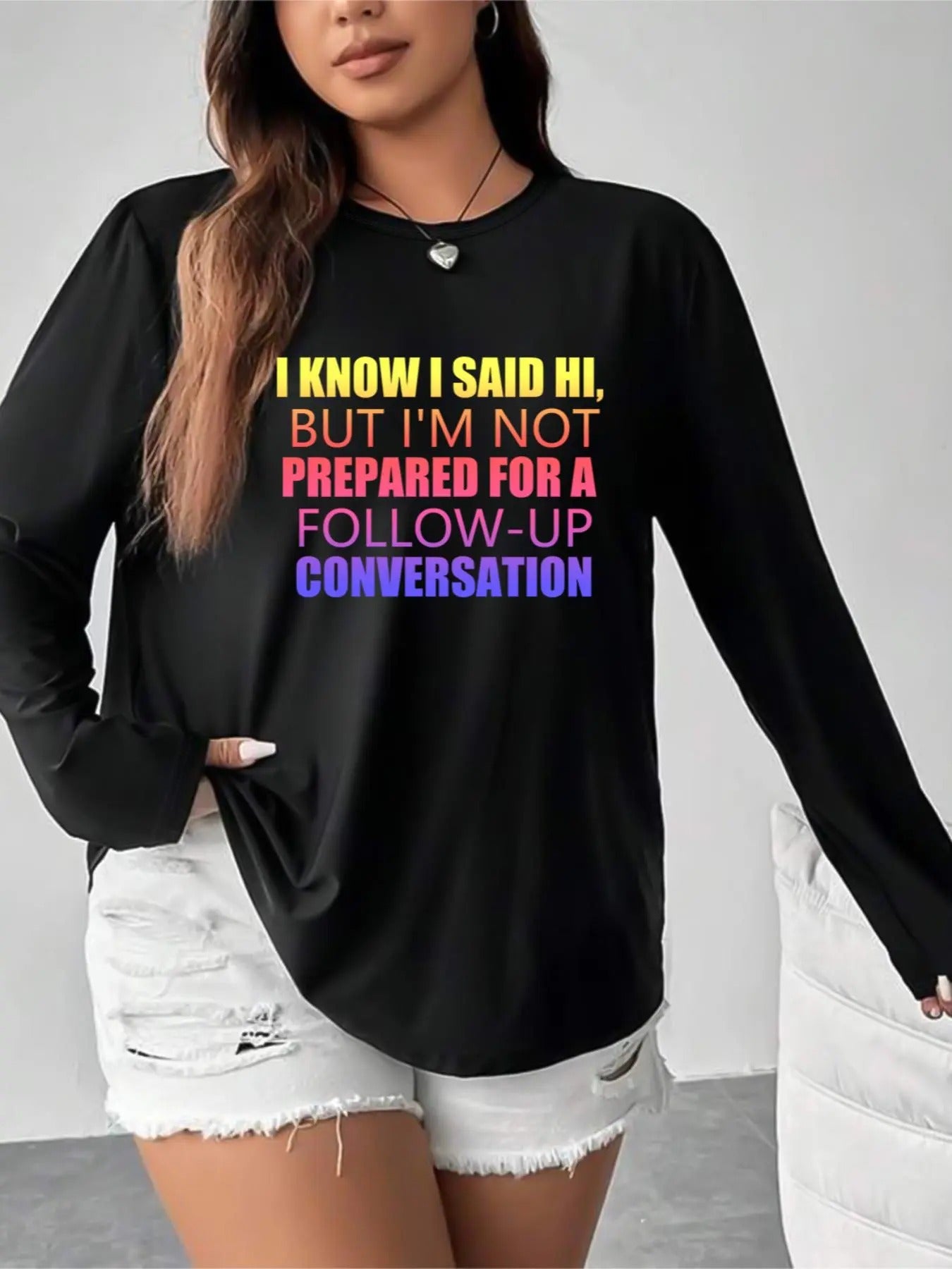 Plus Size Letter Print Round Neck Tee, Casual Long Sleeve Crew Neck T-Shirt for Fall & Winter, Women's Plus Clothing for...
