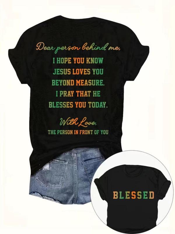 Plus Size Letter Print Round Neck Tee, Comfort Casual Short Sleeve Crew Neck T-shirt for Summer, Streetwear Women's Plus...