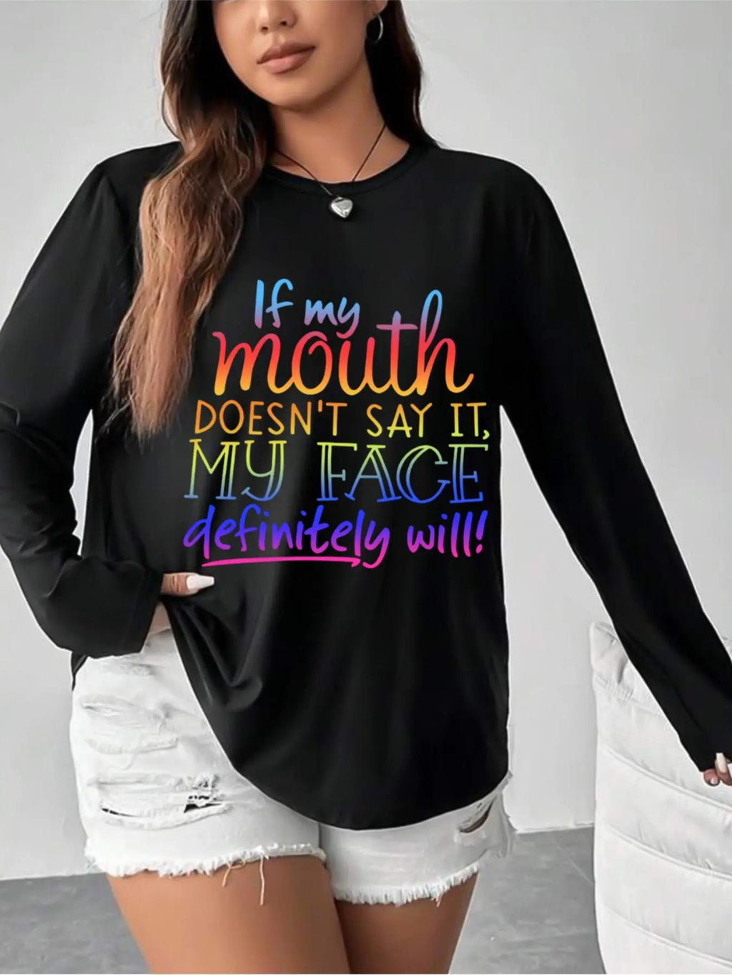 Plus Size Letter Print Round Neck Tee, Fashion Casual Crew Neck Long Sleeve T-shirt for Daily Outdoor Wear, Women Plus...
