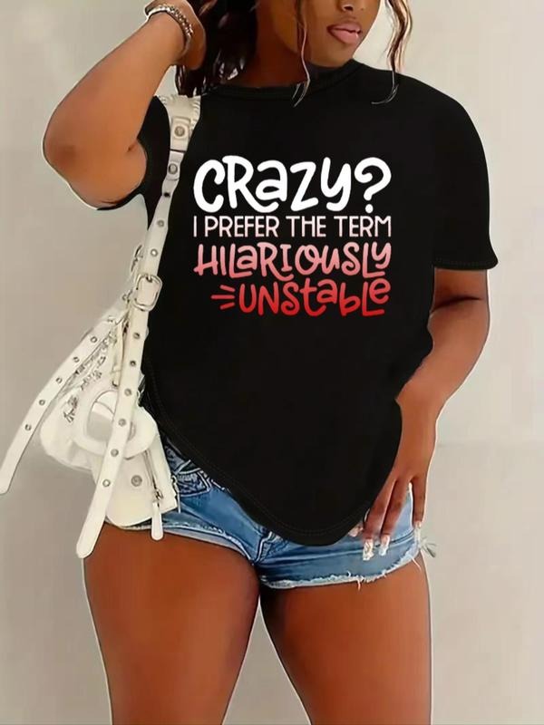 Plus Size Letter Print Round Neck Tee, Fashion Casual Crew Neck Short Sleeve T-Shirt for Daily Outdoor Wear, Women Plus...