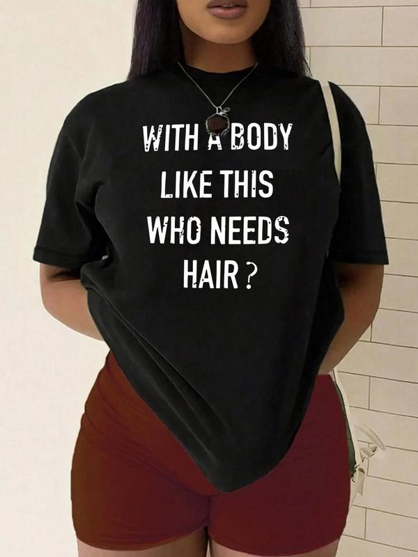 Plus Size Letter Print Round Neck Tee, Fashion Casual Crew Neck Short Sleeve T-Shirt for Daily Outdoor Wear, Women Plus...