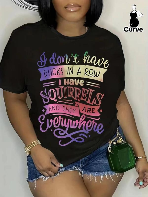 Plus Size Letter Print Round Neck Tee, Fashion Casual Short Sleeve Crew Neck T-shirt for Daily Outdoor Wear, Women Plus...