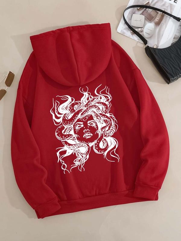 Plus Size Medusa Print Drawstring Pocket Hoodie, Casual Drop Shoulder Long Sleeve Hooded Sweatshirt, Women's Fall &...
