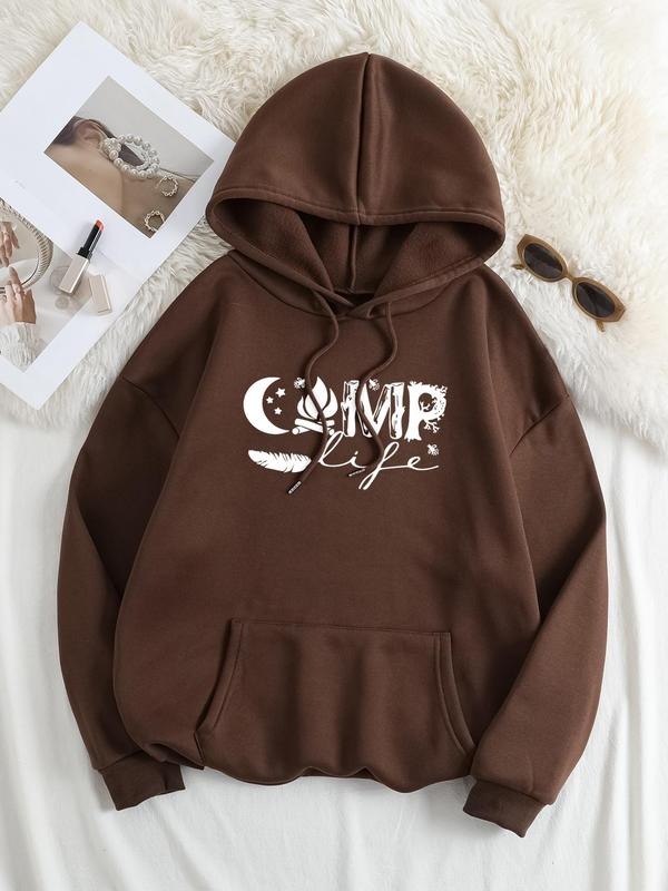 Plus Size Moon Print Drop Shoulder Drawstring Hoodie, Fashion Casual Letter Print Kangaroo Pocket Hooded Sweatshirt for...