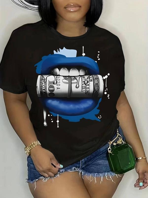 Plus Size Mouth Print Round Neck Tee, Fashion Casual Short Sleeve T-shirt for Daily Wear, Women Plus Clothing for Summer...