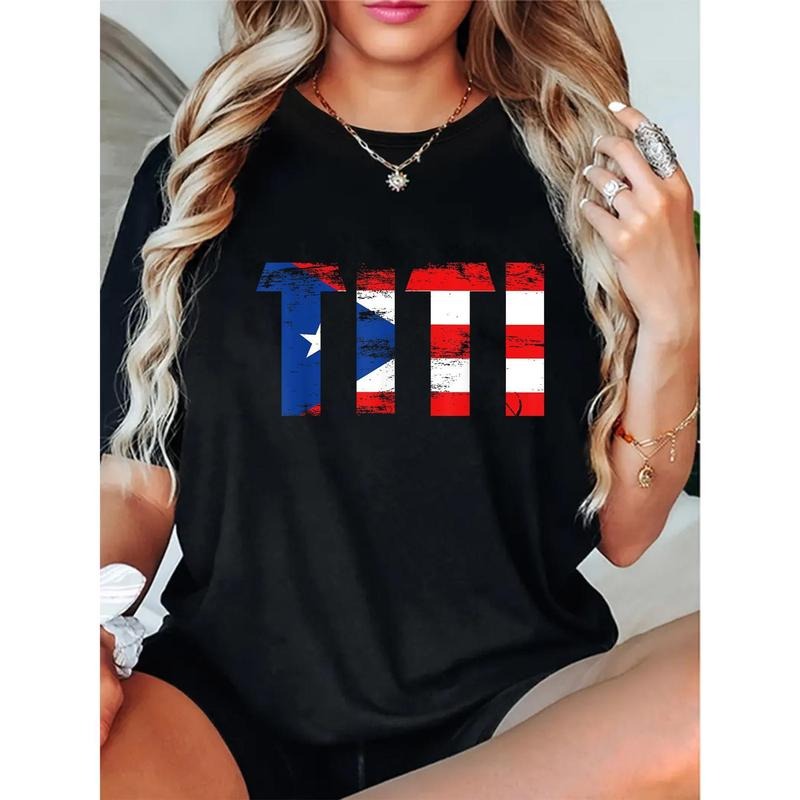 Plus Size Puerto Rico Flag T-Shirt for Women - Casual Tee with Bold "TITI" Lettering, Short Sleeves, and Round Neck