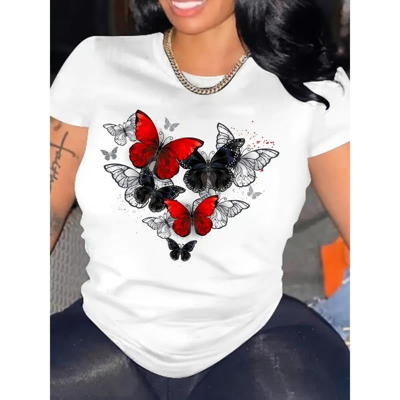 Plus Size Pure T-Shirt with Vibrant Red & Black Butterfly Print - Casual Round Neck, Short Sleeve Top for Women