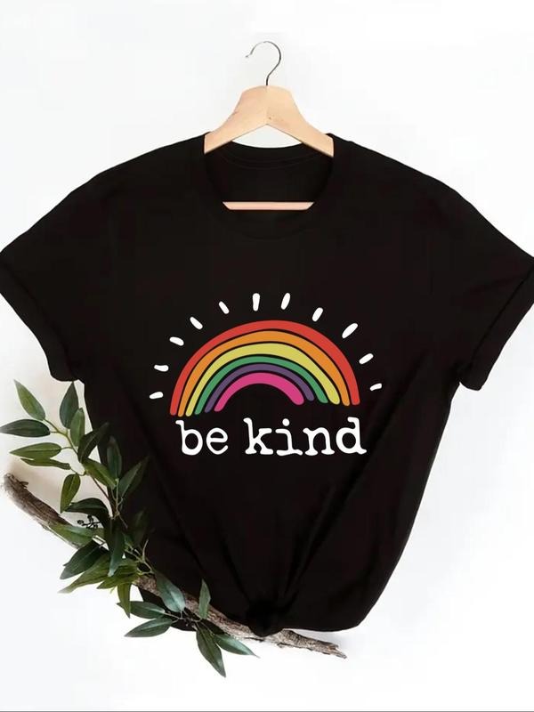 Plus Size Rainbow & "be kind" Slogan Print Tee, Casual Round Neck Short Sleeve T-shirt for Summer, Women's Plus Clothing...