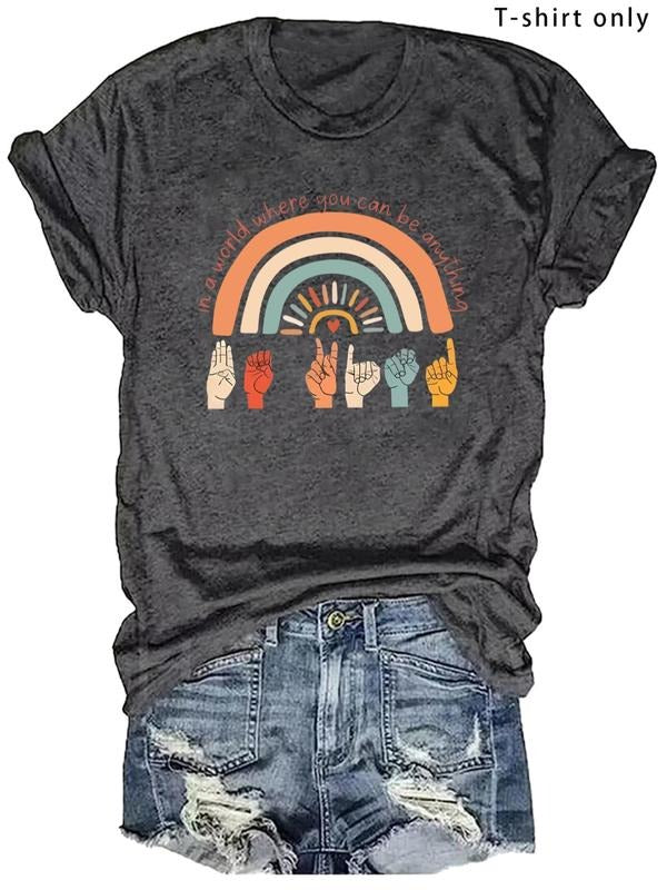 Plus Size Rainbow & Hand Print Round Neck Tee, Casual Short Sleeve Letter Graphic T-shirt, Women's Summer Outfit for...