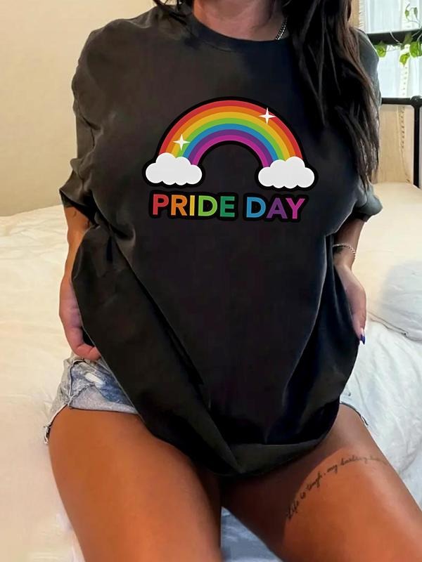 Plus Size Rainbow & Letter Print Round Neck Tee, Casual Short Sleeve T-Shirt for Summer, Women's Plus Clothing for Pride...