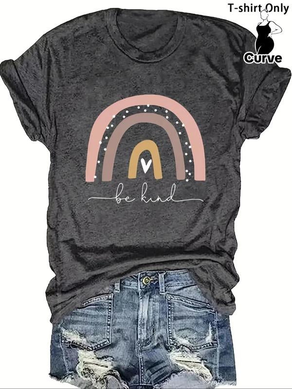 Plus Size Rainbow Graphic Round Neck Tee, Casual Short Sleeve T-shirt for Summer, Women's Plus Clothing for Daily Wear...
