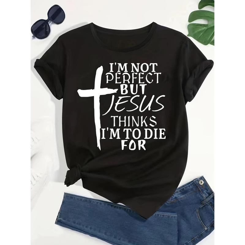 Plus Size Short Sleeve Cross & Letter Print T-Shirt, Casual Top for Spring & Summer Women's Clothing Hoodie, Sweatshirt