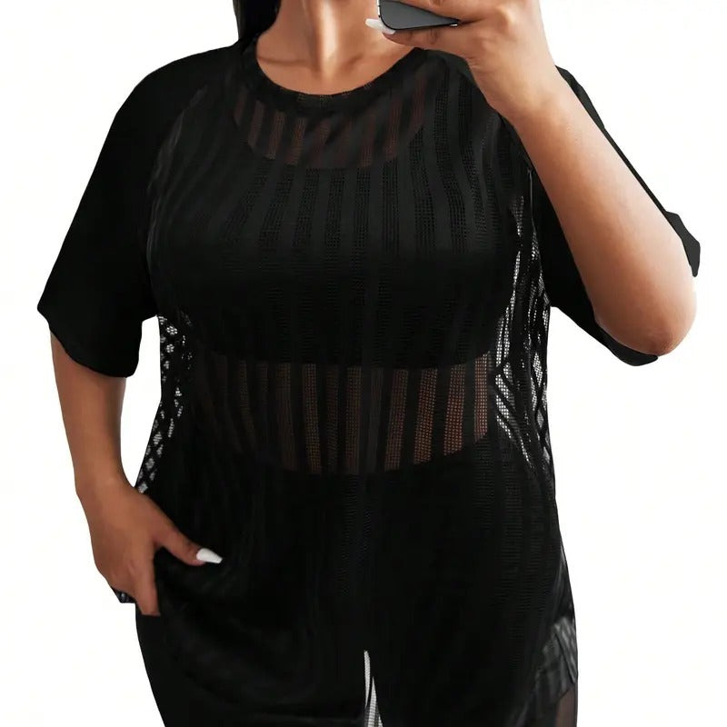 Plus Size Short Sleeve Sheer Mesh Tops T Shirt Blouse Hoodie, Sweatshirt | UrbanDripWear.com