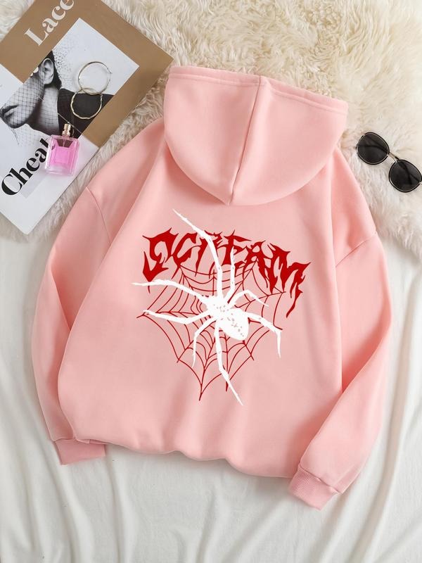 Plus Size Spider & Letter Print Drop Shoulder Hoodie, Fashion Casual Drawstring Pocket Hooded Sweatshirt for Daily...