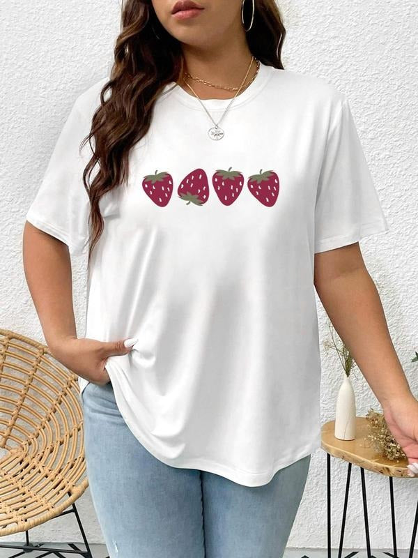 Plus Size Strawberry Print Round Neck Tee, Casual Short Sleeve T-shirt for Summer, Women's Plus Clothing for Daily Wear...