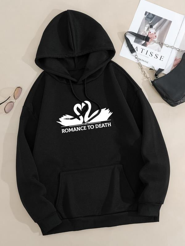 Plus Size Swan & Letter Print Drop Shoulder Drawstring Hoodie, Fashion Casual Kangaroo Pocket Hooded Sweatshirt for Daily...