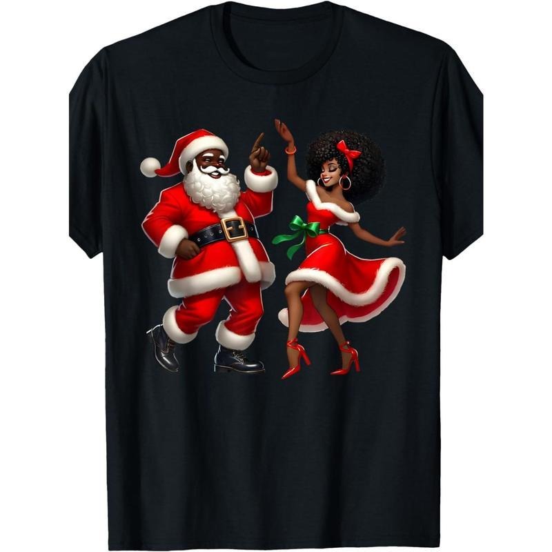 Plus Size Women African Santa Claus T-Shirt Black Short Sleeve Round Neck Casual Top African American Santa Dancing...