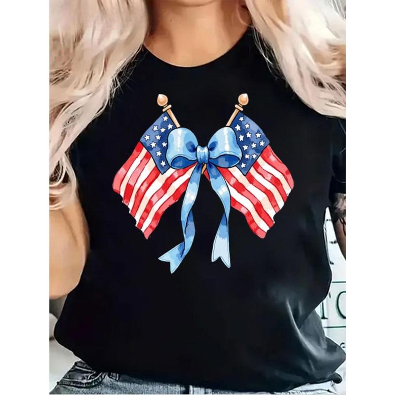 Plus Size Women's 100% Cotton Patriotic American Flag Bow Graphic T-Shirt