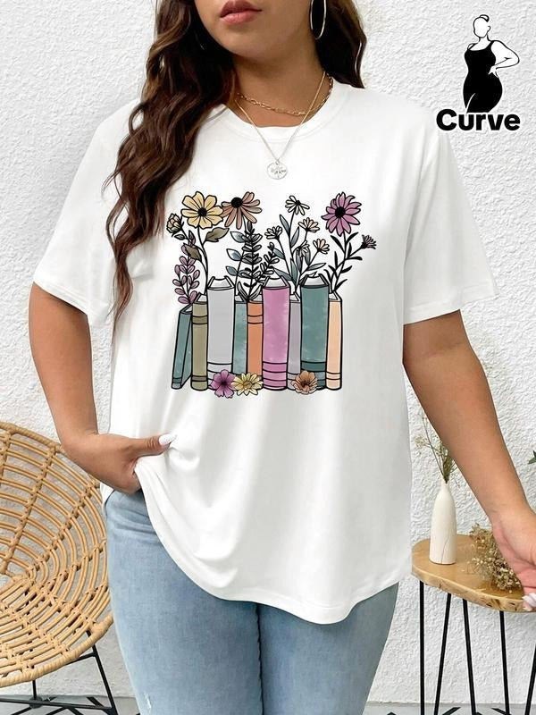 Plus Size Women's Cartoon Book & Floral Print Tee, Casual Drop Shoulder Round Neck T-Shirt, Women's Plus Clothing for...