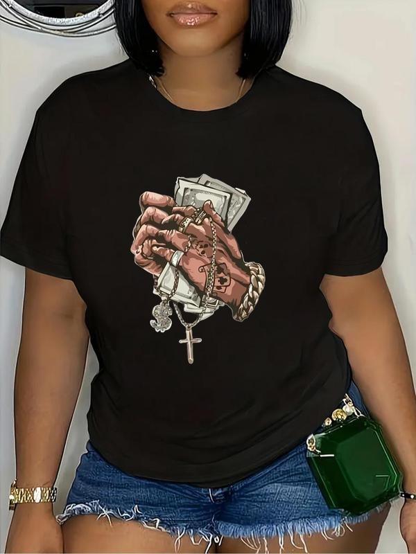 Plus Size Women's Cartoon Hand Print Tee, Fashion Crew Neck Short Sleeve T-Shirt, Women Plus Clothing for Summer Hoodie,...