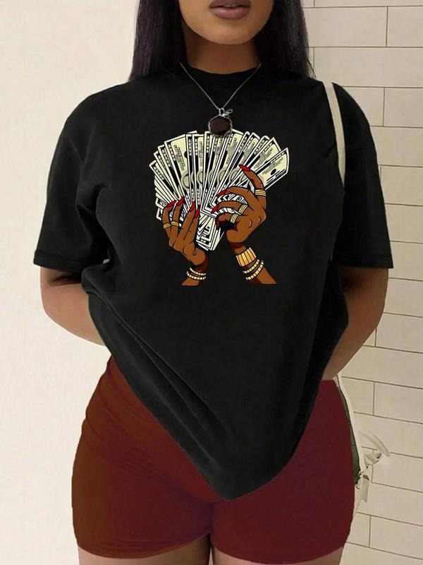 Plus Size Women's Cartoon Hand Print Tee, Trendy Short Sleeve Crew Neck T-Shirt, Women's Plus Clothing for Daily Wear...