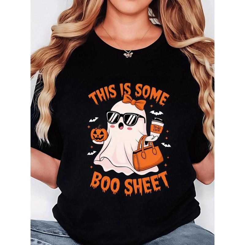 Plus Size Women's Halloween Graphic T Shirt Featuring Spooky Ghost Design and Jack O Lanterns Lightweight Casual...