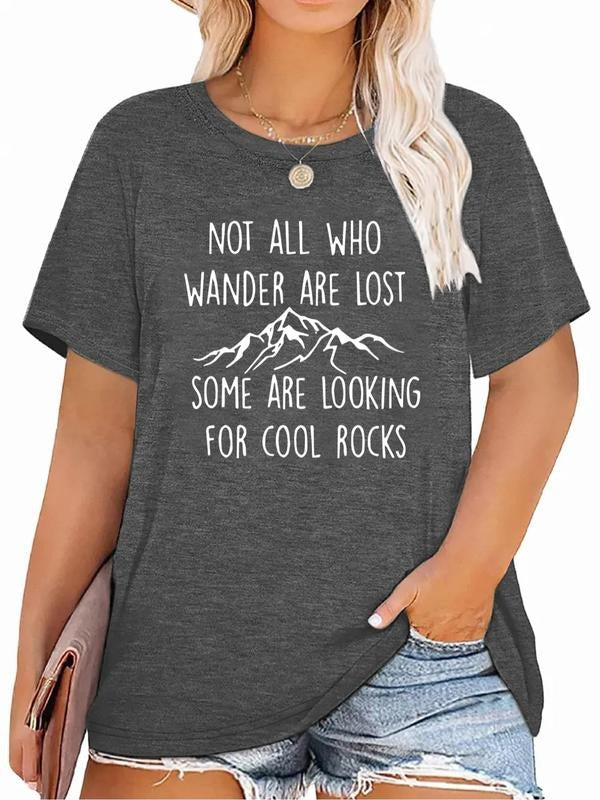 Plus Size Women's Mountain & Slogan Print Tee, Stylish Crew Neck Short Sleeve T-Shirt, Women's Plus Clothing for Daily...