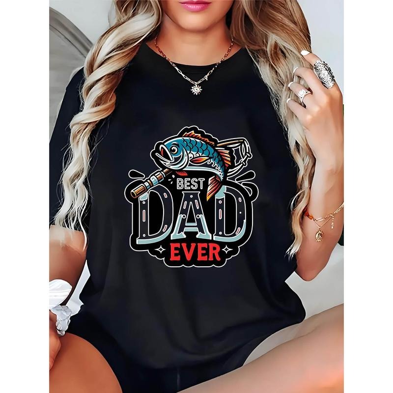 Plus Size Women's T-Shirt - Best Dad Ever Fishing Graphic Print Casual Short Sleeve Round Neck Tee - Black - Father's Day...
