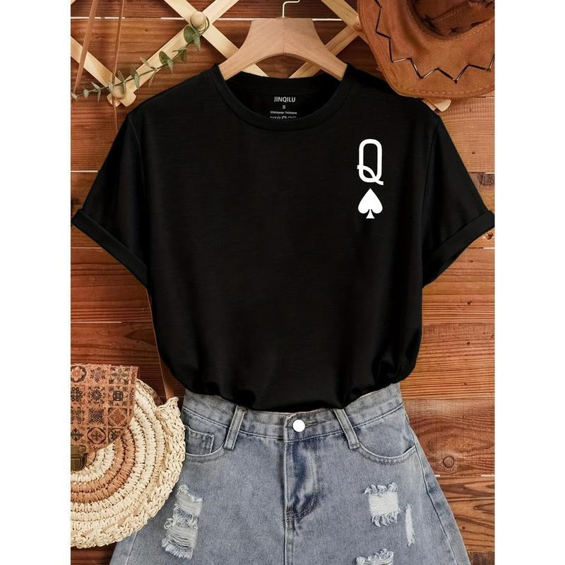 Poker Q Print Crew Neck T-Shirt, Casual Short Sleeve T-Shirt For Spring & Summer, Women's Clothing Hoodie, Sweatshirt