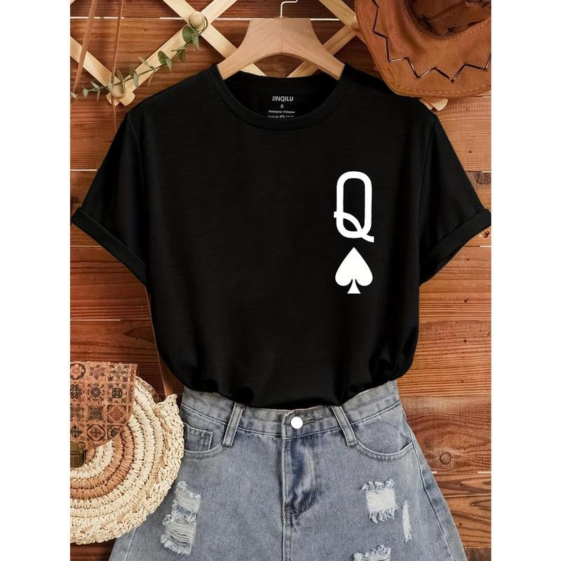 Poker Q Print Crew Neck T-Shirt, Casual Short Sleeve T-Shirt For Spring & Summer, Women's Clothing style 02 Hoodie,...