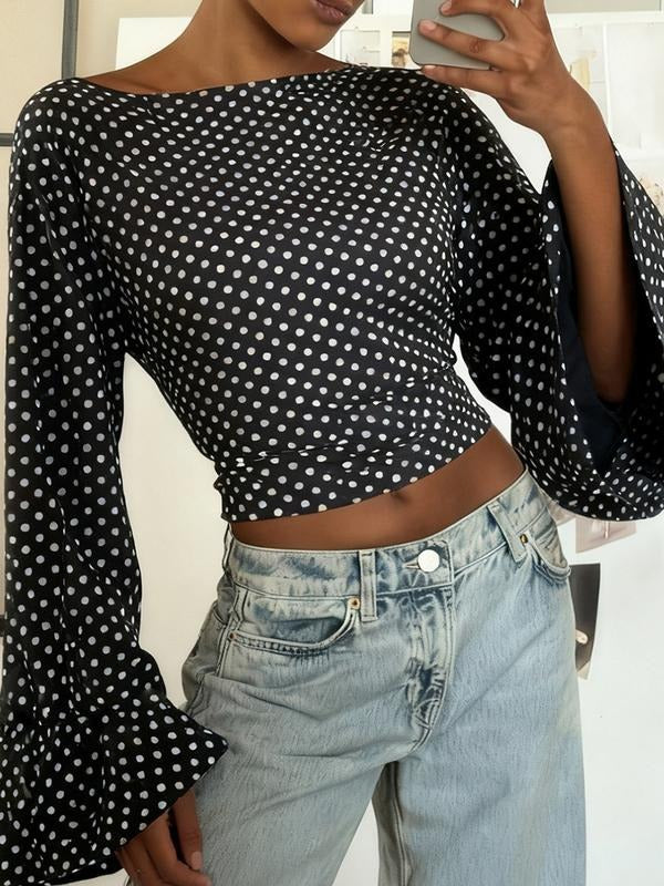 Polka Dot Backless Bow Loose Short Fashion Fall Winter T-Shirt, Stylish Casual Top for Women, Comfortable and Trendy...
