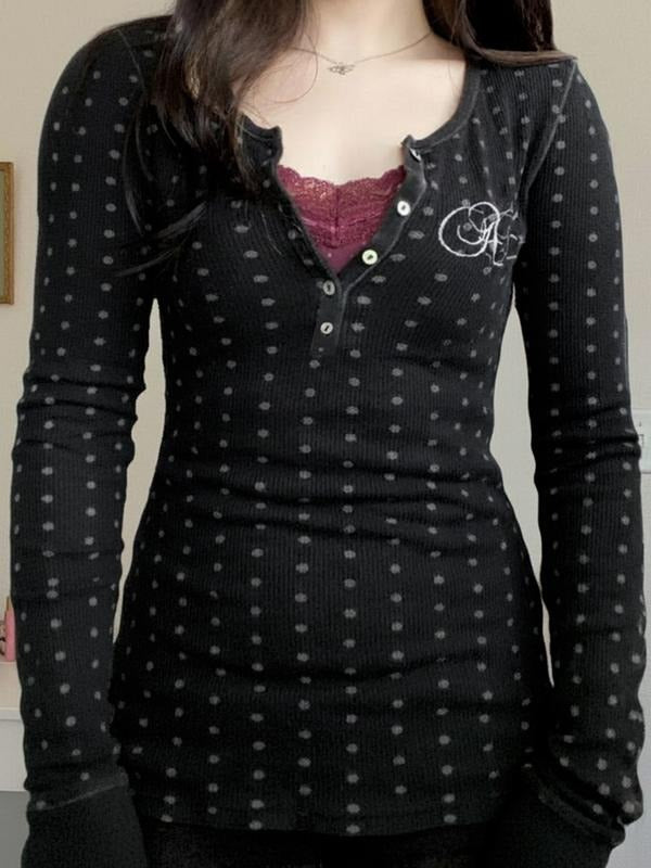 Polka Dot Fitted Casual T-Shirt, Autumn Winter Basic Tee, Stylish & Comfortable Daily Wear, Perfect for Fall & Winter...