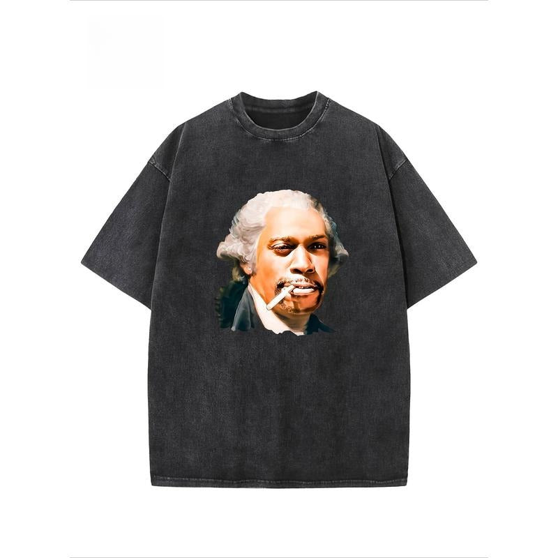 "Portrait" Creative Pattern Printing Heavy 230g Pure Cotton Oversized Drop Shoulder T-shirt Washed T-shirt Retro Street...