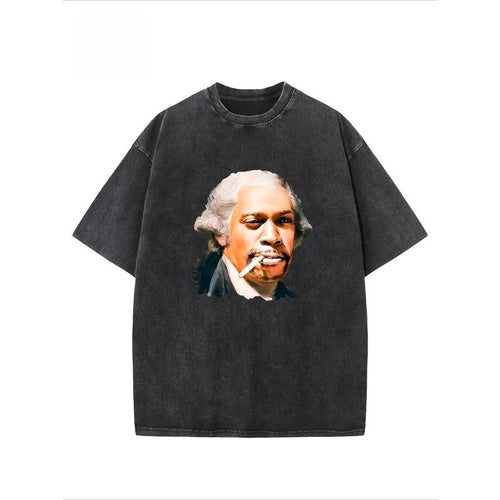 "Portrait" Creative Pattern Printing Heavy 230g Pure Cotton Oversized Drop Shoulder T-shirt Washed T-shirt Retro Street...