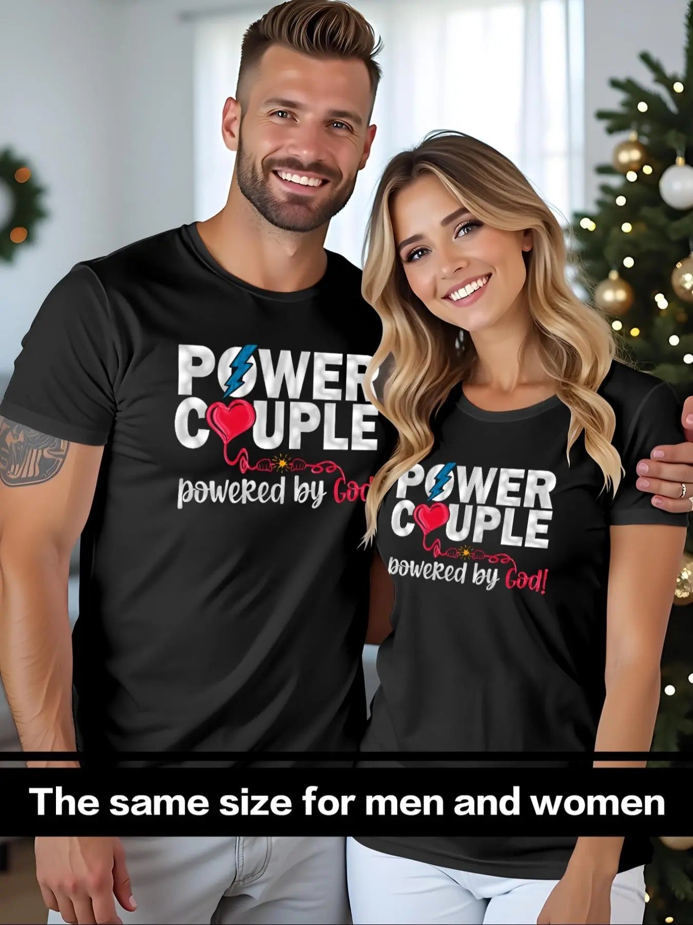 Power Couple Letter Print Short Sleeve Tee, Casual Round Neck T-shirt for Couple, Fashion Couple's Top for Daily Wear...