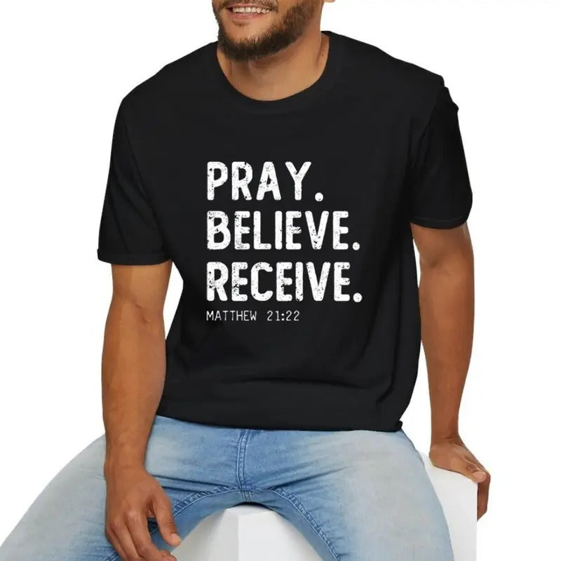 Pray Believe Receive Tee Pure Cotton Fabric Casual Streetstyle Crew Neck Short Sleeve T-Shirt Trendy Tops for Women for...